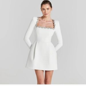 NADINE MERABI White Long Sleeve Dress with Embellished Neckline